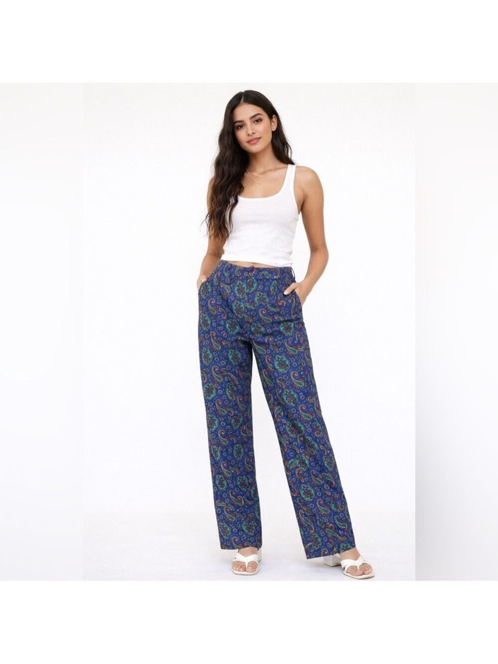 Women’s Vintage Paisley Floral Blue and Green Pants Carlisle Baroque cottagecore